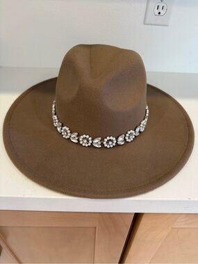 Altar'd State Brown Felt with Pearl and Crystal Floral Trim